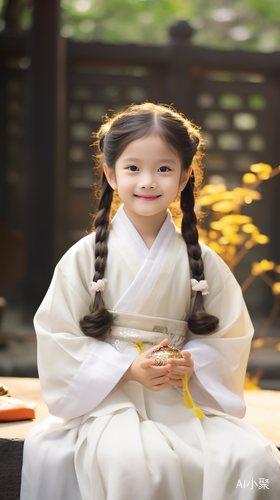 A cute little girl in ancient China with a meditative smile