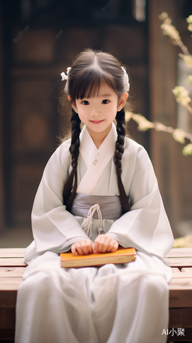 A cute little girl in ancient China with a meditative smile