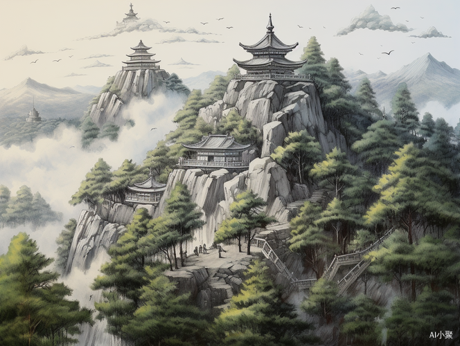 中国古庙与石塔的山岭油画风景