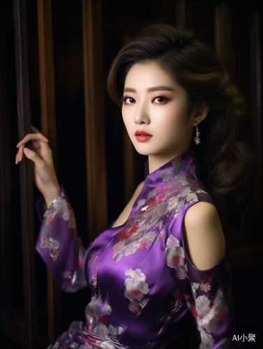 Beautiful Asian Woman Posing in Purple Dress