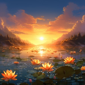 湖泊太阳鲜花 火红花朵中国插画风全景