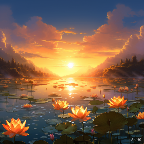 湖泊太阳鲜花 火红花朵中国插画风全景