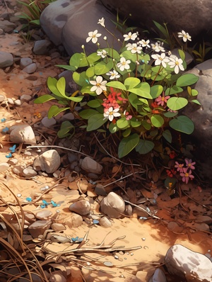 中国田园风插画：湿润泥土与鲜花的近景