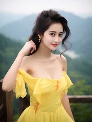 现代美女，身着淡黄色长裙，乌黑的头发，精美的五官，精美的发簪，恬静的感觉，在山野间笑的灿烂，高清画质