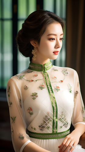 Soft Dream-like Quality: A White and Green Chinese Cheongsam