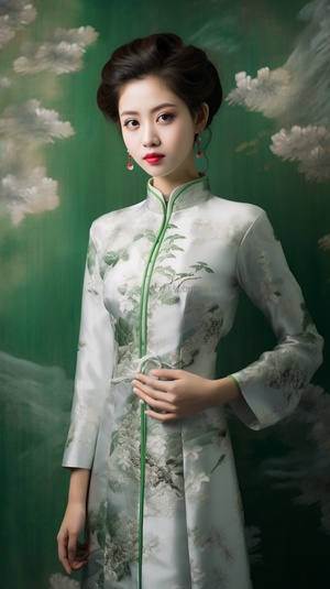 A,woman,wearing,a,white,and,green,chinese,cheongsam,,in,the,style,of,soft,,dream,-,like,quality,,vintage,academia,,soft,femininity,,pictorial,fabrics,,delicate,pointillism,,gossamer,fabrics,,traditional,costumes