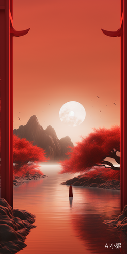 Hanfu Man Standing Next to Red Structure in Flowing Landscape Style