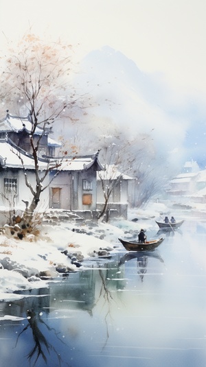 皖南徽派建筑,冬天下了雪景色,小河,乌篷船,水墨画