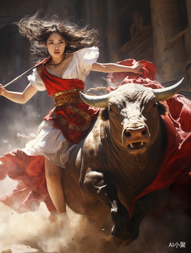 Chinese girl fighting a bull in the Colosseum