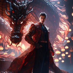 A,handsome,Chinese,man,With,a,majestic,Chinese,dragon,swirling,behind,them,The,camera,captures,the,intricatedetails,of,the,costume,and,the,scales,of,the,dragon,emphasizing,the,cultural,significance,and,mythical,aura,The,lighting,is,ethereal,casting,a,soft,glow,on,the,scene,The,colors,are,rich,and,vibrant,reflecting,the,palette,of,traditional,Chinese,artwork,and,symbolism,The,composition,frames,the,character,and,the,dragon,in,abalanced,and,harmonious,way,with,the,character,positioned,sli