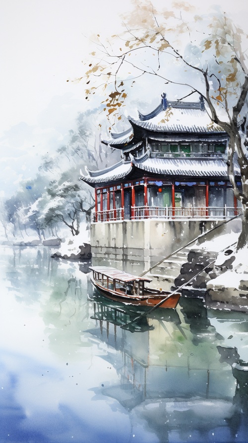 水墨画,南方,徽派建筑,以白色马头墙,小青瓦特色,雪景,小河,乌篷船