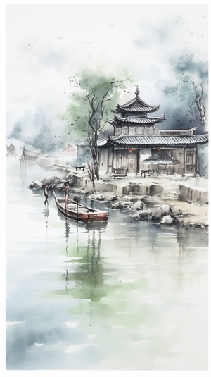 水墨画,南方,徽派建筑,以白色马头墙,小青瓦特色,雪景,小河,乌篷船