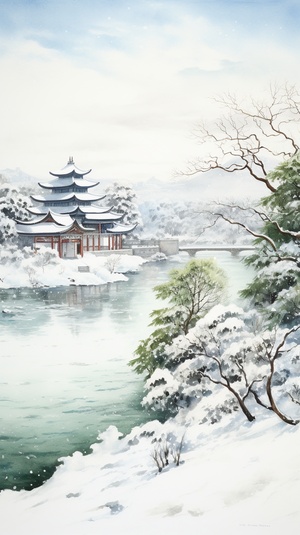 水墨画,南方,徽派建筑,以白色马头墙,小青瓦特色,雪景,小河,乌篷船