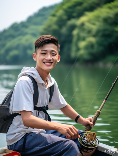 Chinese Style Smiling Face and Clear Picture: A Family Fishing Adventure in a Picturesque Environment