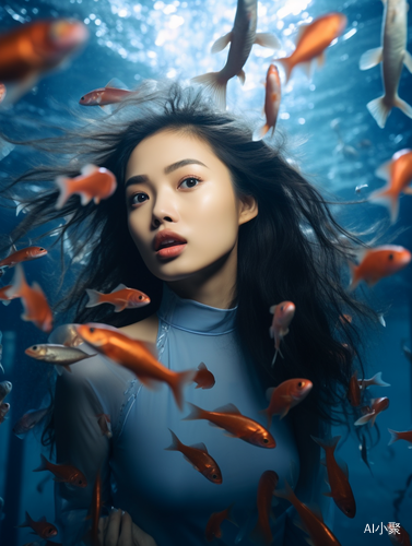 Beautiful Chinese Girl Dives Underwater and Plays with Small Fish