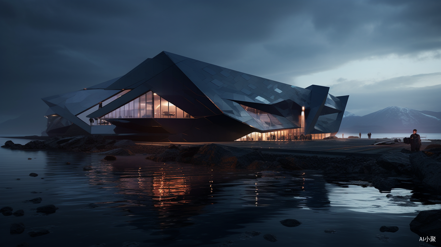 Science Fiction Black Modern Building on the Sea