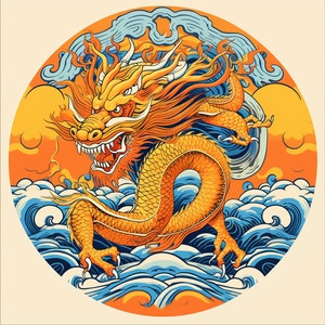 2024 chinese traditional dragon 1pcs 50306 , in the style of graphic design poster art, light orange and yellow, alasdair mclellan, dynamic and energetic, golden age illustrations, chuah thean teng, political symbolism