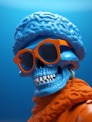 A blue-blue character wearing a pirate hat and sunglasses, rendered in cinema4d style, sky blue and orange, Smurf core, Chinese punk, ranging lens, streamlined design, emphasizing character design photography, 8k resolution, HD, photo, photography, soft light, best picture quality, High image quality, High Detail, HD, Crazy Detail, Ultra HD