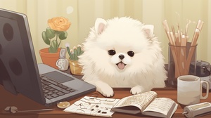 happy,angry,sad,laughing,disappointed,hateful,surprised,fearful,fangs,a drawing forthe A white Pomeranian at work and a laptop dailytimetable stickers,work,multiple poss andexpressions,in the style of makoto shinkai,in thestyle of hallyu,mori kei,duckcore,plush doll art,exaggerated poses,cry,cute,expecting,Whiteand pink,laptop,Computer,keyboard,glasses