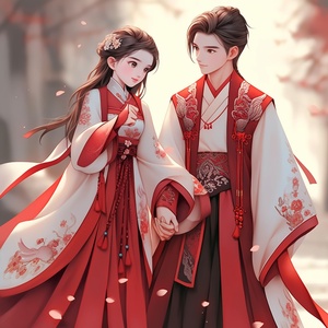 two red and white oriental couple holding hands, in the style of unreal engine 5, children's book illustrations, cute and dreamy, northern and southern dynasties, disney animation, subtle use of shading, elegant clothing