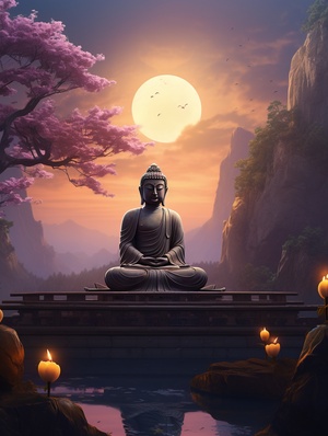 buddha statue in the evening light and moon in the background illustration, in the style of unreal engine 5, chen zhen, evgeny lushpin, realistic figures, mysterious and dreamlike scenes, monumental murals, realistic scenes