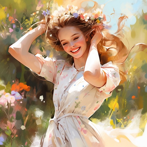 a,cute girl,smiling,on,a,sunny,summer,day,,surrounded,by,colorful,flowers.,The,subject,is,wearing,a,flowing,dress,that,blows,in,the,wind,,and,she,has,a,serene,expression,on,her,face.,The,painting,is,rendered,in,exquisite,detail,,with,the,colors,and,textures,of,the,flowers,creating,a,vibrant,and,lively,feel.