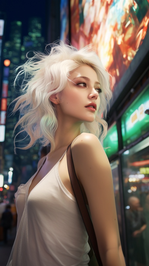 a woman posing with white hair in the city, in the style of dain yoon, softly luminous, elegant, emotive faces, glimmering transformation, diverse color palette, sharp focus, glowwave