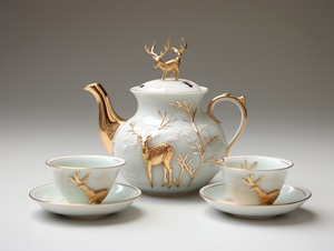 shinto kampo zabutonki tea service set,A relief with deer on it, in the style of light gold and light aquamarine, nostalgic charm, light gray and amber, light white and light green, fine feather details, meticulous design, delicate gold detailing