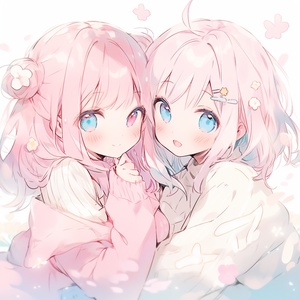 two anime girls with pretty faces and pink hair, in the style of light white and light beige, childlike innocence, subtle use of shading, applecore, whistlerian, kawaiipunk, light white