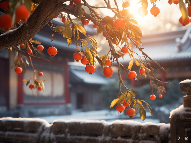 A Quiet and Beautiful City Corner: The Snow-covered Red Persimmon Tree