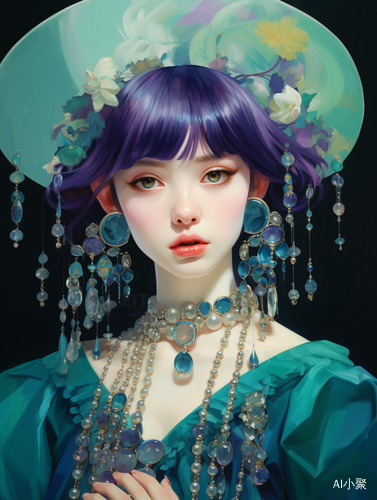 Chinese Girls: Green and Purple Hats, Resin Jewelry, Fashion Illustrations, Anime, Gemstones, Elegant Figures