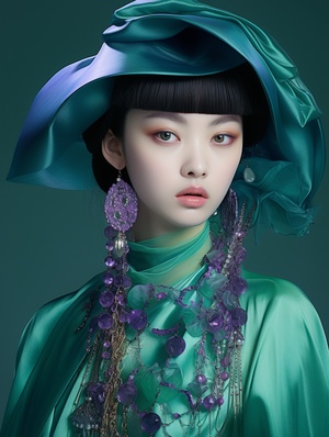 Chinese girls wear green and purple hats, in striking resin jewelry, fashion illustrations, real life portraits, gemstones, elegant figures, exaggerated features, yellow and aquamarine styles