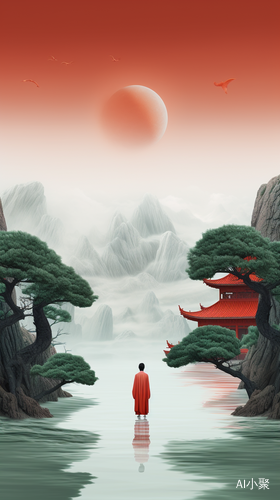 Hanfu Man Stands Next to Red Man-Made Structure in Flowing Landscape