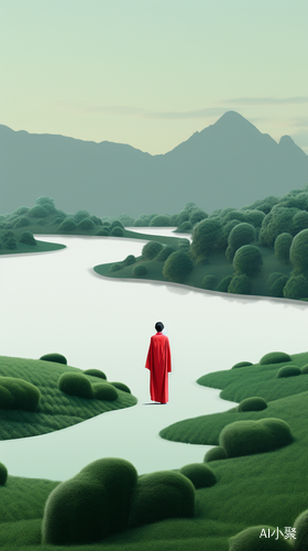 Hanfu Man Stands Next to Red Man-Made Structure in Flowing Landscape