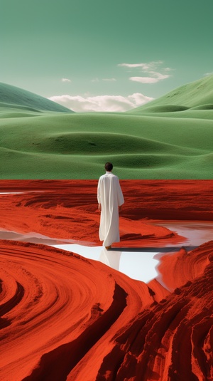 A,man,in,Hanfu,stands,next,to,a,red,man-made,structure,in,flowing,landscapestyle,Song,Dynasty,Gongbi,landscape,painting,,rendered,in,cinema4d,,organicflowing,form,,lunar,surface,,light,green,and,white,,Mediterranean,landscape.wavy,resin,sheet,ar,3:4