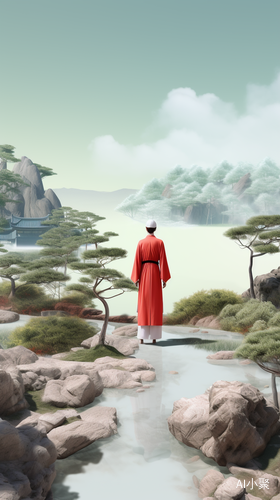 Hanfu Man Stands Next to Red Man-Made Structure in Flowing Landscape