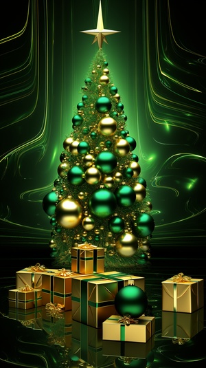 a christmas tree and presents on a green background, glittering multiversal ornaments, golden ornaments, organic ornaments, geometric patterns ornaments, cyber copper spiral decorations, filigree ornaments, christmas, christmas tree, hot neon green ornaments, intrincate ornaments, gold ornaments, fractal art, golden organic structures, highly detailed 3d fractal, golden edges and fractals