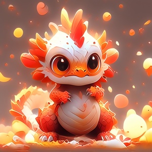 the baby dragon with orange hair is standing still, in the style of animated energy, cute and dreamy, unreal engine 5, skottie young, white and red, traditional chinese, lucy glendinning