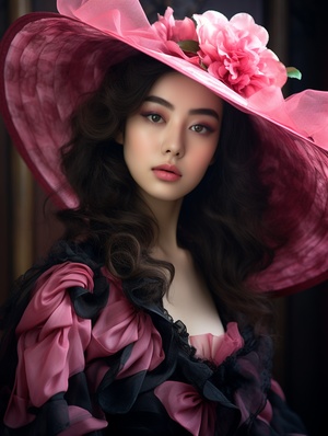 A Chinese beautiful girl, wearing a big pink hat, background: black, exquisite shape, elaborate design, realistic, photo, 8k resolution, HD, photo, photography, soft light, best picture quality, high image quality, high detail, HD, crazy detail, Ultra HD