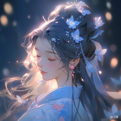 中国女生穿青色汉服拿花，夜晚仙侠风插画