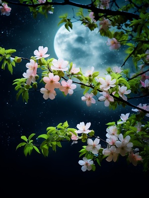 Looking from near to far, Lookingthrough the dense Crabapple flowers and greenleaves, There is a moon and stars in the quietnight sky, Crabapple flowers Charming, The softmoonlight, The flowers are clear, shining, beautiful, lifelike, dreamy, romantic, D, camera shooting, Ultra HD image quality, HD, Ural, ar 9:16 v 4