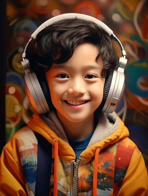 A smiling Chinese boy, wearing headphones, wearing colorful clothes, exquisite, well-designed, realistic, taking photos, 8k resolution, HD, photos, photography, soft light, best picture quality, high picture quality, high detail, HD, crazy detail, ultra HD