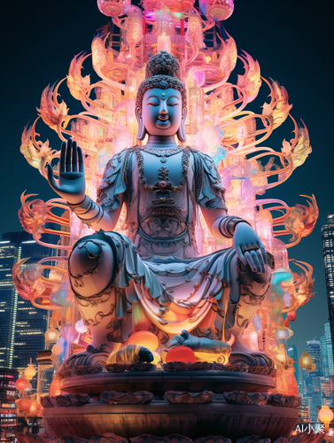 Colorful illuminated skyline sculpture: Thousand Hand Avalokitesvara