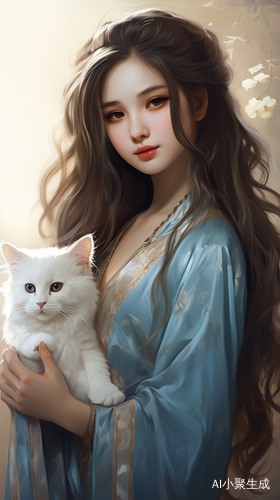 中国风写实女孩抱猫长发蓝色汉服