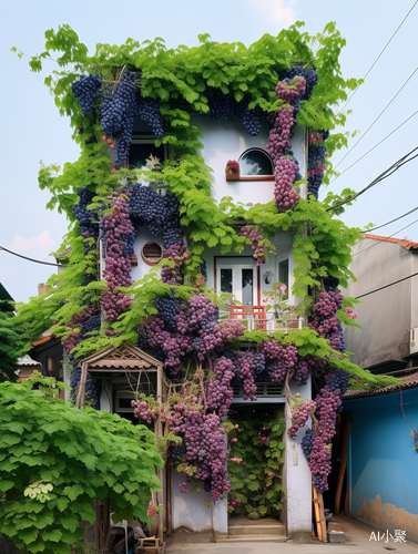 葡萄生长在建筑物上的美丽童话花园