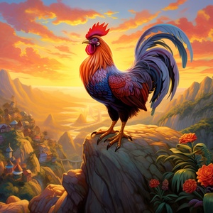 32K UHD Rooster at Sunset: Official Art & Fantastic Villagecore Painting