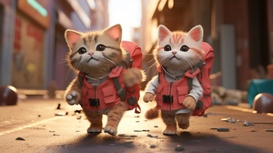 Colorful Adventure: Two Kittens with Backpacks and Kitsch Aesthetic walking down a Street