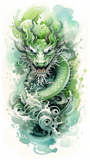 he chinese dragon in a watercolor design, in the style of folk art-inspired illustrations, green and emerald, distinctive typography, intricately mapped worlds, kimoicore, distinctive characters, unique characters ar 3:4