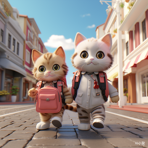 Colorful Adventure: Two Kittens with Backpacks and Kitsch Aesthetic walking down a Street