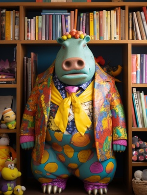 A giant statue of a hippo sits on a bookshelf in the style of the Carnot School, colorful costumes, space games, oshare Ke i, organic architecture, Danube School, cartoon pattern photography, 8k resolution, HD, photo, photography, soft light, best picture quality, high image quality, High Detail, HD, Crazy detail, Video, video, video, video, video, video, video, video, video, video, Ultra HD ar 3:4